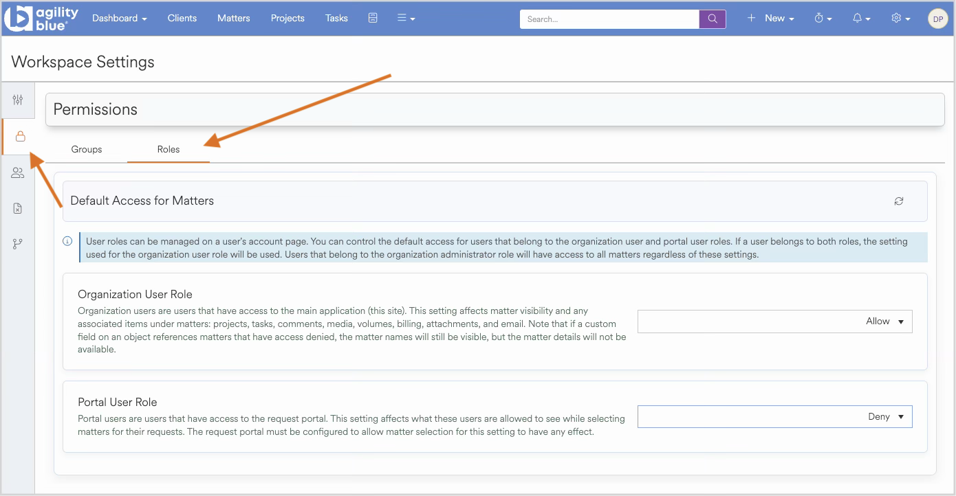Workspace settings showing permissions for groups and roles in a management application.
